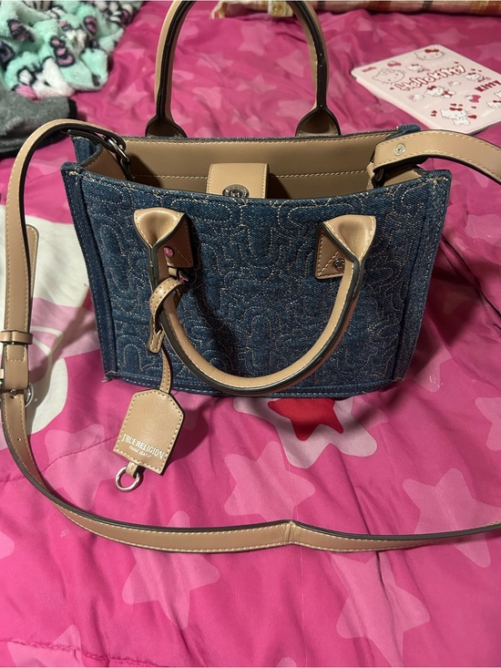 True Religion Handbags - True Religion Blue Denim Satchel with Beige Trim